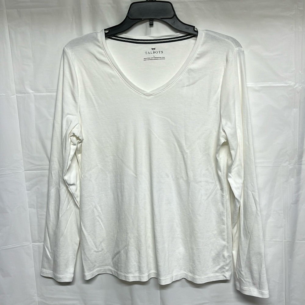 Talbots White Pima Cotton V-Neck Long Sleeve Tee Size Large Classic Basic